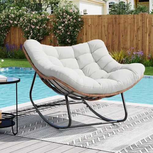 【BacktoSchool】Flash Sale Home Items 2-in-1 Papasan Rocking Chair, Handwoven PE Rattan, Powder-Coated Steel Frame, 400 LBS Weight Capacity, All Weather Thick Breathable Cushion, 30° Smooth Rocking Motion, Anti-Slip Foot Pads, Indoor Outdoor Patio Garden