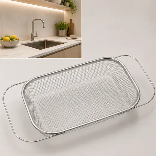 Stainless Steel Expandable Over-The-Sink Colander Strainer Basket, Rectangle Fine Mesh Kitchen Utensils with Handles, Silver Kitchen Essential Supplies, Kitchen Supplies