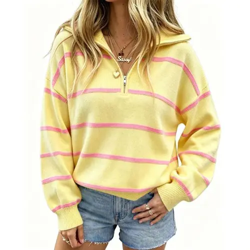 Fisoew Women's Color Block Striped Quarter Zip Sweater, Lapel Collar Drop Shoulder Long Sleeve Oversized Pullover Knit Top,back to school,back to school shopping Casual Ribbed