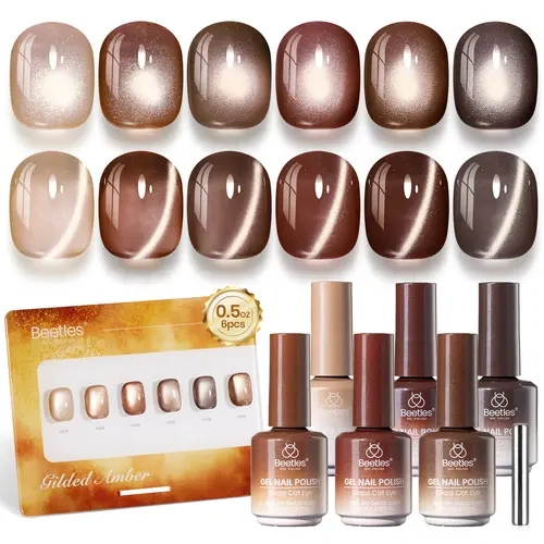 Beetles Cat Eye Gel Nail Polish Set - 6x15ML Full Size Glitter Gel Polish Kit, Glass Cat Eye Magnetic Effect, Soak-Off UV Cosmetic for Manicure, Flawless Daily Nail Art, Gift for Salon DIY & Home Use (Fall Winter), Smooth, Metallic Nails, Gel X At Home