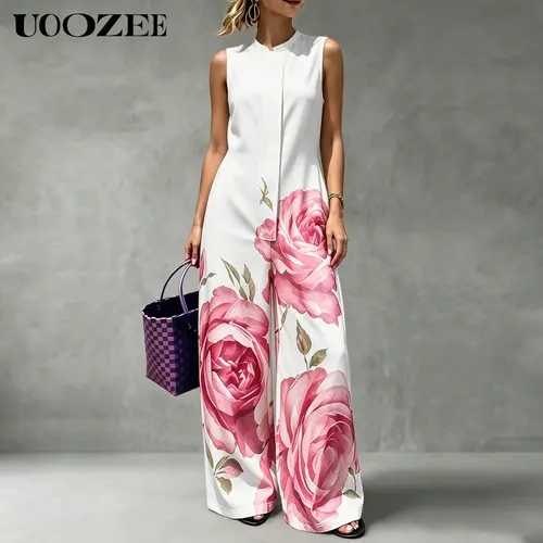 UOOZEE Women's Minimalist Sheer Rose Floral Print Jumpsuit - Sleeveless Silky Oversized Wide Leg Spandex-Polyester Overalls with Pockets & Detachable Mini Bag, Elegant Wedding Guest Resort Wear, Beach Trouser Bottom Smart Casual Outfit