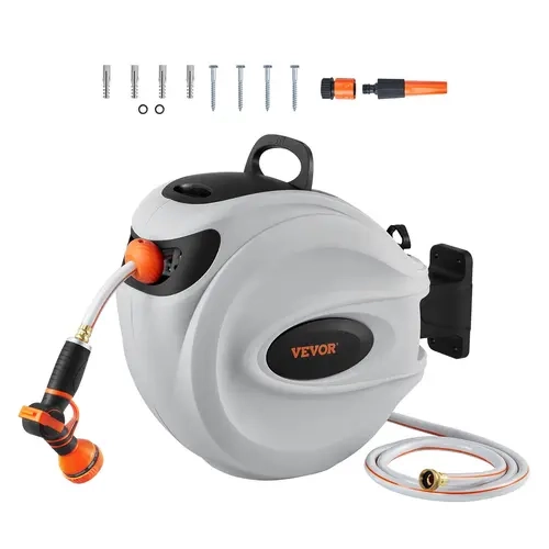 【Livestream】VEVOR Wall-Mounted Retractable Hose Reel (65FT/84FT/100FT/115FT/130FT Max) - 9-Pattern Nozzle, 180° Swivel Bracket, Automatic Rewind, Lockable, Slow Return - Extendable Flexible Hose, Adjustable Watering, Garden Irrigation, Camping Essentials,