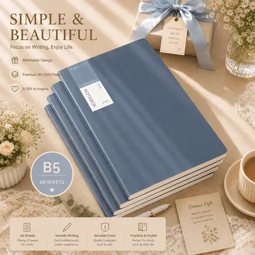 Back to School,B5 Notebook, 60 Sheets / 120 Pages, Minimalist Blue Notebook for School, Office, Journaling, Note Taking & Daily Writing