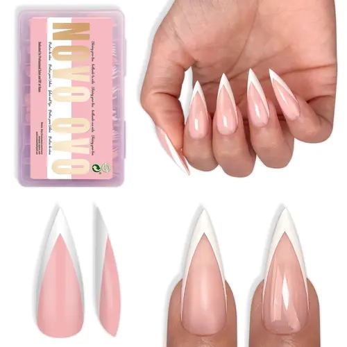 NOVO OVO Soft Gel Press-On Nails, White V-Shape French Tip Sharp Stiletto Medium Long Full Cover Fake Nails (Baby Pink, 16 Sizes, 10 Tips per Size, 160 Pcs Multi-Pack) for Salon DIY – No Glue, No Top Coat, No Light, Nails Press On,sohochic