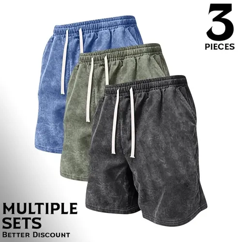 Men's Summer Solid-Color Washed Distressed Cotton Shorts, Available as a Single Pair or 3-Pack, Relaxed-Fit Casual Athletic Shorts with Elastic Drawstring Waist and Pockets, Y2K Style, for Running, Golf, Fishing and Basketball