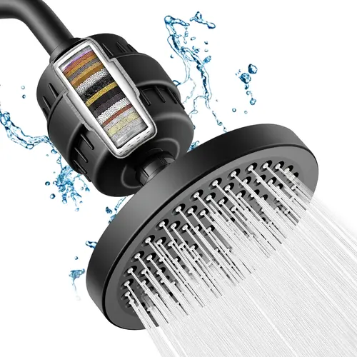 6-inch circular showerhead set with 15 level showerhead filter reduces chlorine and heavy metals, luxurious polished chrome color