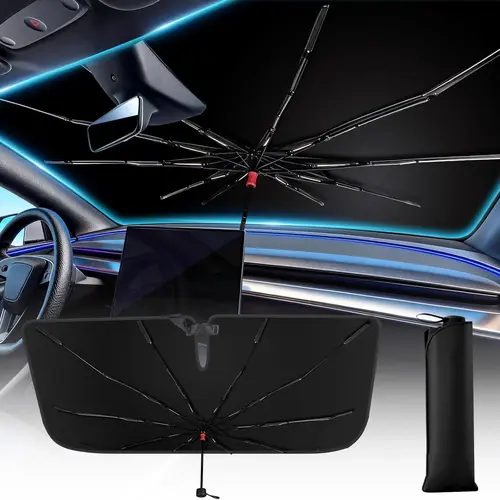 Windshield Sun Shade Umbrella for Car, Foldable Front Window Sunshade with UV Block & Heat Reduction, Reinforced Frame, Easy Install Umbrella Sunshade, Universal Fit for Cars SUVs Trucks