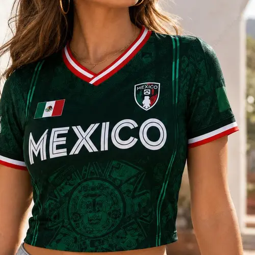 Women's Mexico Crop Top, V-Neck Soccer Jersey with Aztec Pattern, Short Sleeve Fashion Apparel for Cinco de Mayo & Game Day, Women's Clothes
