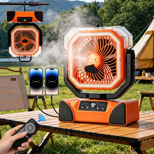 Qawtor 2026 Portable Misting Fan, Rechargeable Camping Fan with 20000mAh Battery, LED Light, 360° Hanging Hook, Lightweight Outdoor Fan for Tent, RV, Travel and Emergency Use