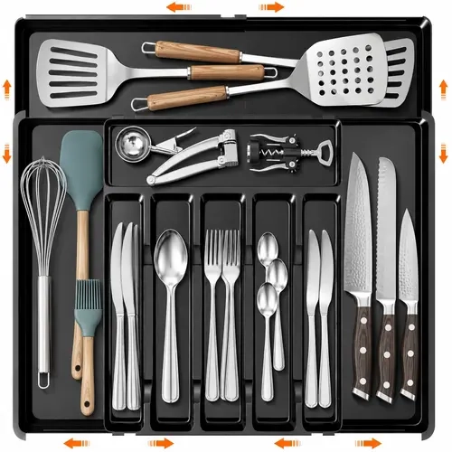 Snofrid Large Expandable Silverware Drawer Organizer with Buckle, BPA-Free Kitchen Accessory, 9-Slot Cutlery Tray with Dividers, Adjustable Large Slot Flatware Storage Holder for Spoons, Forks, Knives,dorm room inspo,college dorm essentials,dorm haul
