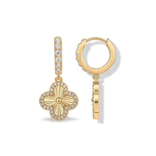 PAVOI Gold Clover Earrings for Women, 14K Gold Plated CZ Four Leaf Clover Charm Huggie Hoops Drop, Hypoallergenic Earrings with Sterling Silver Posts