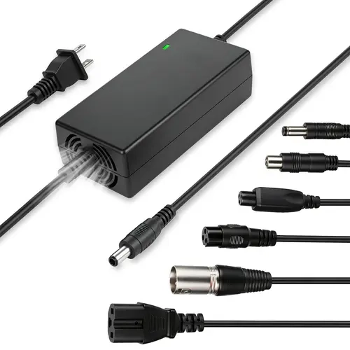 KUNLUN Universal Size Plastic Body Power Adapter for Ebike Charging, 54.6V 2A, 7 Interchange Tips, Cooling Fan, LED Indicator, 8.2ft Cord, Black - 48V 13S Li-ion Battery Packs, Scooter Equipment Accessory