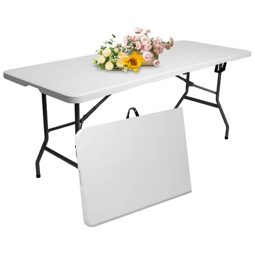 WGCTEK 6FT/4FT Foldable Picnic Table, Height-Adjustable, Sturdy, Portable with Handle & Lock, Quick Assembly, Easy Storage, White for Outdoor/Indoor Use