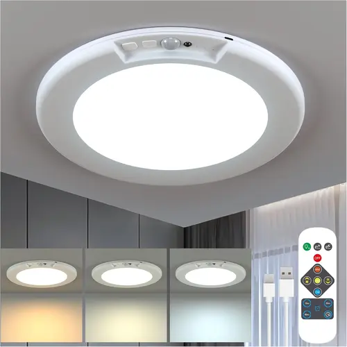 #SohoChic 1pc Minimalist Ultra-Thin Rechargeable Indoor Magnetic LED Ceiling Light, 3 Color Modes, Motion Sensor, Remote Control, Wireless Battery-Operated, Peel-and-Stick No-Drill Renter-Friendly Lamp with Auto Shut-Off for Bedroom, Hallway