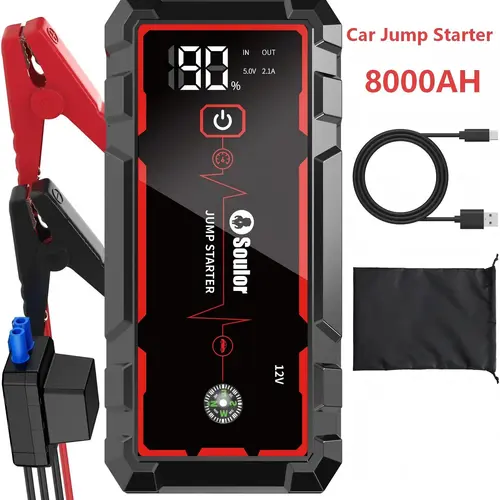 Car Jump Starter 12V 8000mAh, Soulor Portable Car Battery Jump Starter & Emergency Battery Booster Pack with Smart Jumper Cables, LCD Display, LED Flashlight & USB Fast Charging for Gas & Diesel Vehicles sohochic