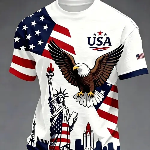 American Patriotic Eagle Liberty Goddess Print Short Sleeve T-Shirt, Casual Slim-Fitting Geometric Pattern Top, Unlined Without Button or Zipper