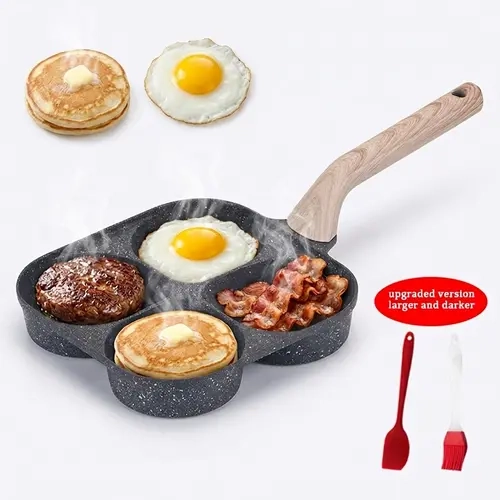 Nonstick 4-in-1 4-Hole Breakfast Pan with Die-Casting Aluminium Body, Extended Base Design, Silicone Strips & Tempered Glass Lid - Fast-Heating, Durable, Easy-to-Clean, Space-Saving, Eco-Friendly Cookware for Frying Eggs, Burgers, Aluminum Body, Fast Even