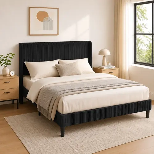[BED FRAME ONLY] ALBOTT Contemporary Corduroy Wingback Upholstered Platform Bed Frame, Spliced Headboard, Easy Assembly, No Box Spring Needed, Home Decor Apartment Furniture, Full/Queen/King Size [tiktokshopbacktoschool][SohoChic]