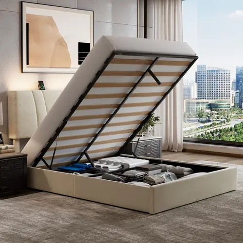 Avenco Upholstered Lift-Up Storage Bed Frame - Queen/Full/King Size, Hydraulic Lift, 3-Level Adjustable Headboard, Charging Station with USB Port, LED Light, No Box Spring Needed, Bed with Storage Underneath, Queen Bed Frame,sohochic