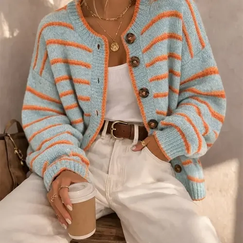 Women's Round Neck Drop Shoulder Single-Breasted Button Contrast Stripe Long Sleeve Fall/Winter Casual Fashion Loose Versatile Knit Cardigan – Urban Commute, Retro Street Sweater Wear