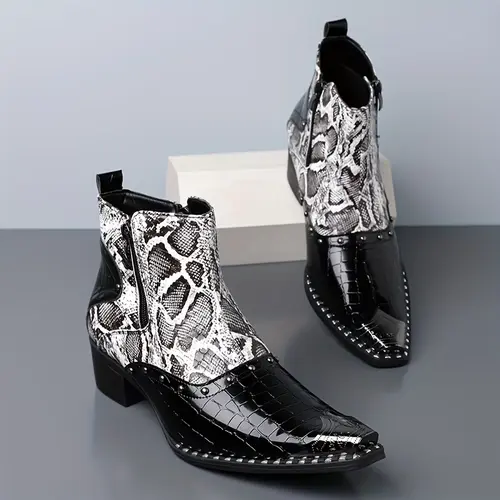 Men's Urban Chic Footwear - Closed PU Leather Ankle Boots with Snakeskin & Crocodile Embossed Texture, Square Toe, Studded Zip-Up, Low Kitten Heel, Street Statement Shoes,sohochic