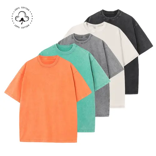 Men's 280g Heavyweight 100% Cotton Round Neck Short-Sleeve T-Shirt - Loose Regular Drop-Shoulder, Washed Distressed Plain, Plus-Size Vintage Streetwear Casual All-Seasons Menswear Top,sohochic
