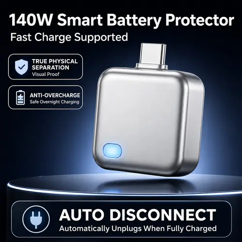 140W Type-C Physical-Disconnect Battery Guard - Auto & Self-Eject Charger, Smart Auto-Stop Charging Accessory for Mobile Smartphones, Laptops, Tablets, Anti-Overcharge Tech for Safe Overnight Use, Gift for Chargeable Devices