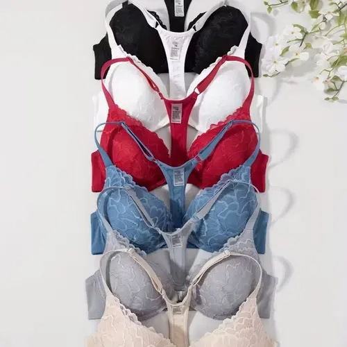 6pcs Women's Front Closure Push-Up Bras with UnderwireHigh Support & Non-Removable Padding - BreathableNylon Lace Trim Full-Coverage Lift Suitable