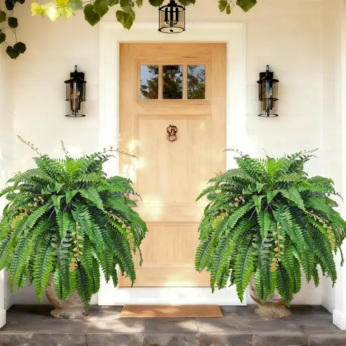 2Pcs 33in Artificial Boston Fern Plant with 36 Branches Summer Vibes Faux Greenery for Indoor Outdoor Home Decor Realistic Hanging Fern Full & Lush Needs expansion