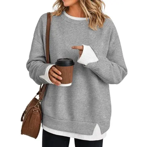 Fisoew Women's Patchwork Design Sweatshirt Air Layer Fabric Hoodie Crew Neck Ribbed Cuff & Hem Patchwork Drop Shoulder Oversized Long Sleeve Pullover Top Hoodie Fit Casual SohoChic