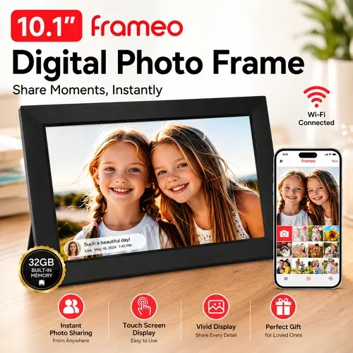 Frameo 10.1-Inch Rectangle WiFi Digital Picture Frame - Smart Cloud Electronic Photo Frame with HD IPS Touch Screen HD Display, 32GB Memory, Auto Rotate, Wall Mount, Room Decor, Slideshow, Phone Photo/Video Sharing - Gift for Digital Cameras Enthusiasts