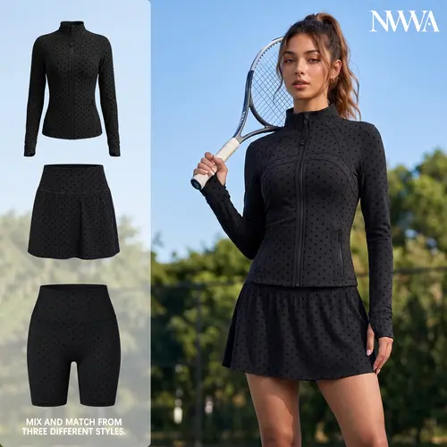 Women's Slim Fit Polka Dot Set with Stand Collar Jacket, Breathable Stretch Polyester Clothes, Quick Dry Activewear for Gym,back to school,back to school haul,sohochic