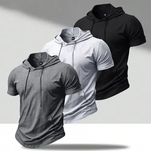 3-Pack Men’s Lightweight Summer Hooded Short-Sleeve T-Shirt - Trendy Streetwear Hoodie Tops for Everyday Wear, Casual Outings, Vacations, Sports & Trips; Perfect Birthday Gift for Boyfriend, Husband; Great for Fishing, Basketball, Camping, Gym, Workouts