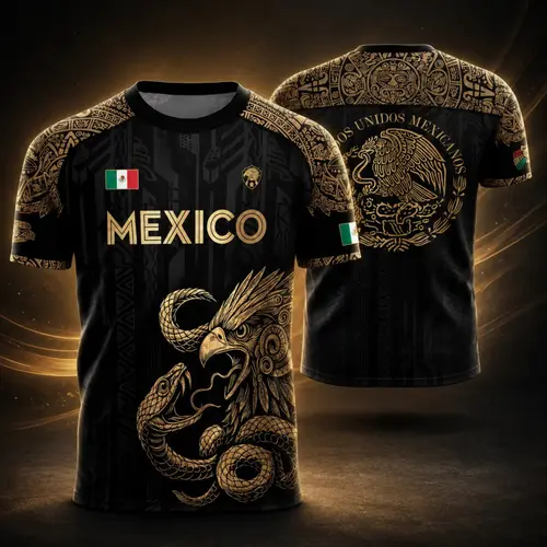 Mexico Jersey, Unisex Dark Green National Team Shirt with Gold Aztec Graphic, Breathable Athletic Top with Eagle Snake Emblem