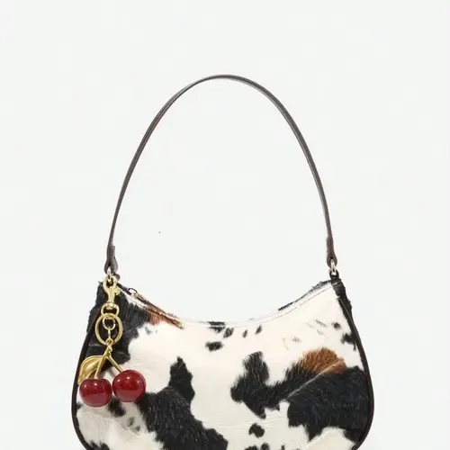 American Retro Cow Print Plush Bag with PU Material Shoulder Strap, Versatile Street Style, Casual Fashion Commuter Bag, Perfect for Daily Wear, Shoulder Bags