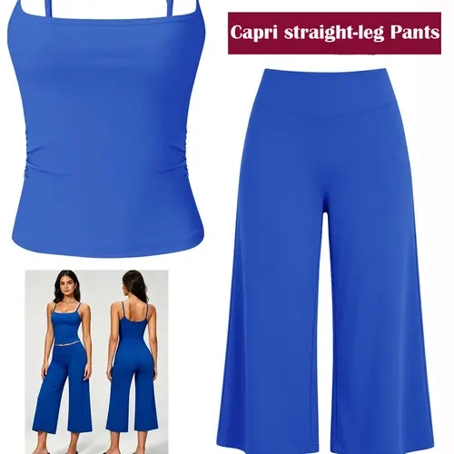 Women's Athleisure 2-Piece Outfit, Sporty Spaghetti Strap Square Neck Tank Top and Loose Straight-Leg Capri Pants, Lightweight Quick-Dry Set for Summer Workouts and Daily Wear, Gym Workout Sets, Women Workout Clothes
