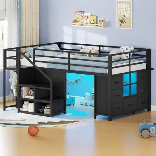 Sikaic Twin Low Loft Bed with Stairs & LED Lights, Kids Loft Bed with 7 Storage Drawers, 3 Open Cubbies & Clothes Rail, Twin Size Metal Loft Bed with Safety Guardrail, Space-Saving Bed Frame, Black, Home Furniture Christmas Gifts [SohoChic]
