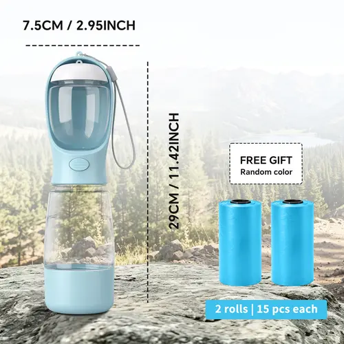 Portable 3-in-1 Dog Water Bottle,  with 2 Rolls Waste Bags (30 Pcs Total), Food Container & Built-in Poop Bag Dispenser (29cm x 7.5cm/11.42in x 2.95in) - Leak-Proof Travel Dog Cup for Walking, Hiking, with 2 Rolls Waste Bags (30 Pcs Total)