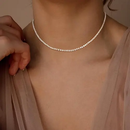 Tewiky Tennis Silver Necklace for Women, 14K Gold Plated/Sterling Silver Cubic Zirconia Chain, Dainty Choker Necklaces for Women Jewelry For Mother's Day gifts summerwins-LB