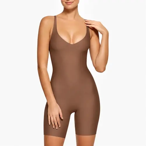 Unlined Deep V-Neck Boyleg Bodysuit Seamless 360° Full Body Shaper - High Compression Waist Cincher with Firm Toning & Back Support
