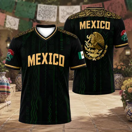 Mexico Eagle Graphic Unisex V-Neck Baseball Jersey - Relaxed Cut, Breathable Short Sleeve, Button Closure, Lightweight Athletic Sportswear, Outfit Variant, Machine Washable Casual Sports Top for Back to School