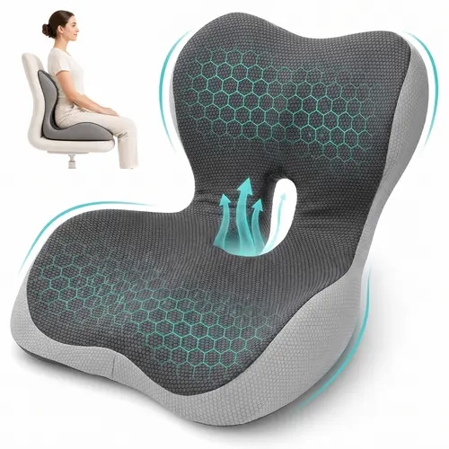 Pegzone Ergonomic Memory Foam Seat Cushion - Ventilated Mesh, Contoured Fit, Lumbar Support, Anti-Slip, Hygienic Durable Work Accessory for Office Chair - Pressure Relief, Posture Fix, Body Alignment