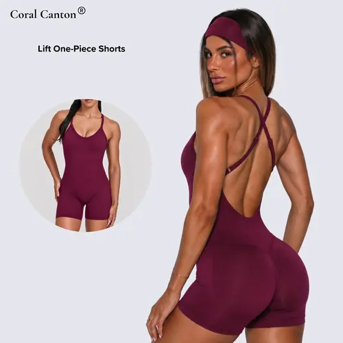 Coral Canton Seamless Women's Cross Back Slim Fit One Piece Shorts SohoChic