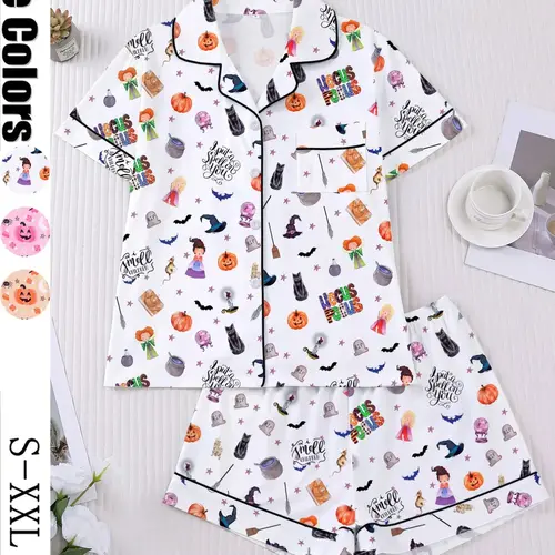 Halloween Cartoon Ghost Pumpkin Pajama Set for Women, Short Sleeve Button Front Top and Elastic Shorts, Comfortable Everyday Home Wear Loungewear