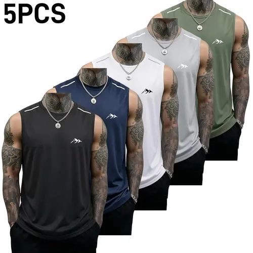 Men’s 5PCS Gym Workout Apparel Twill Tank Tops - Casual Soft Sleeveless Slim-Fit Crew Neck, Breathing Feature Sports Singlet, Solid Color, Summer Essential, Unisex Wear for Running Gym, Breathing Feature Men's Sports Singlet, Sportswear