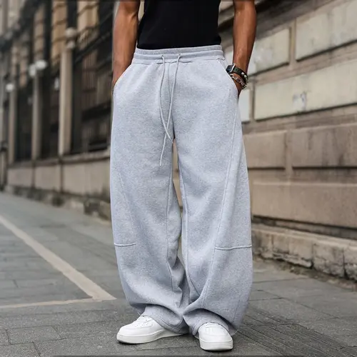 Men's Polyester High-Waisted Lounge Joggers - Relaxed Wide-Leg Loose Fit Sweatpants with Side Pockets, Elastic Drawstring, Simple Curved Seams, Breathable Smooth All-Season Streetwear Trousers for Hip Hop Enthusiasts, Standard Sizes