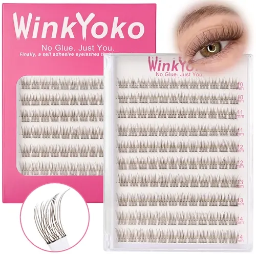 WinkYoko Pre-Glued Self-Adhesive Brown Natural Lash Clusters - Fishtail Cat Eye Style, C Curl, 10-14mm Mixed Length, BASF Material, Lightweight, Beginner-Friendly Adults' DIY Lash Extensions (No Glue Needed)