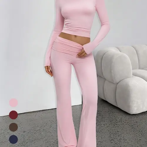 Tournesol Women's Minimalist 2 Piece Matching Set, Soft Slim Fit Long Sleeve Top & Foldover Waist Wide Leg Trousers, Basic Casual Lounge Outfit for Daily Wear, Womenswear 030