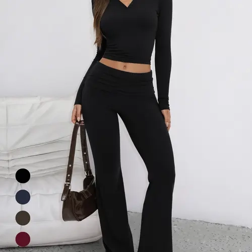 Tournesol Women's Buttery Soft Lounge Set Long Sleeve Henley Top & Foldover Flare Pants 2 Piece Outfit 035