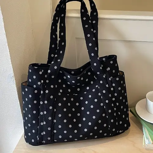 Retro Minimalist Polka Dot Pattern Multi-Pocket Tote Bag, Women's Casual Daily Commuter Versatile Shoulder Bag